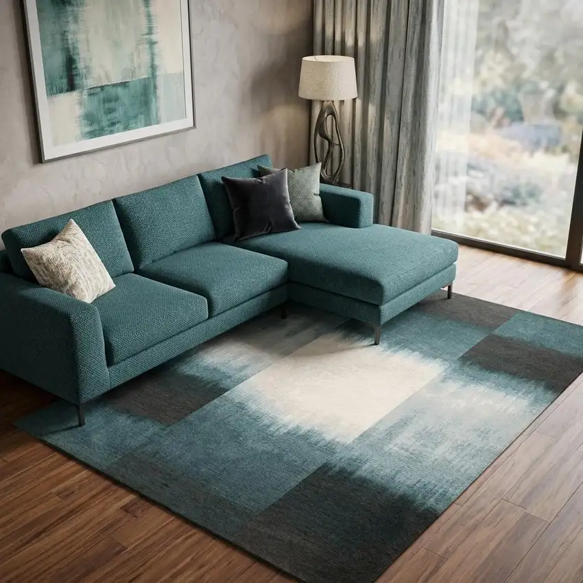 Blue And White Abstract Washable Area Rug With UV Protection Photo 1
