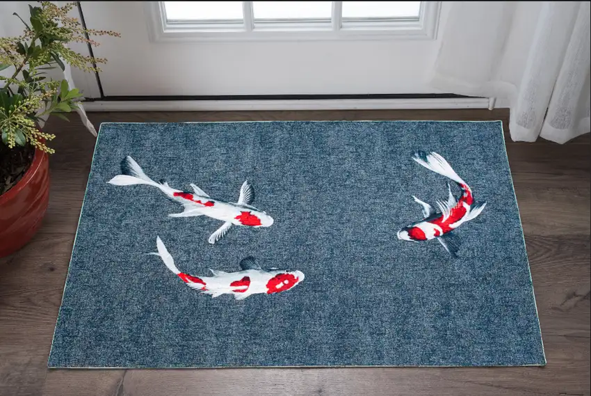 Blue And White Abstract Washable Area Rug Photo 1