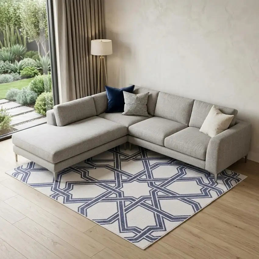 Blue And White Geometric Hand Woven Area Rug Photo 1