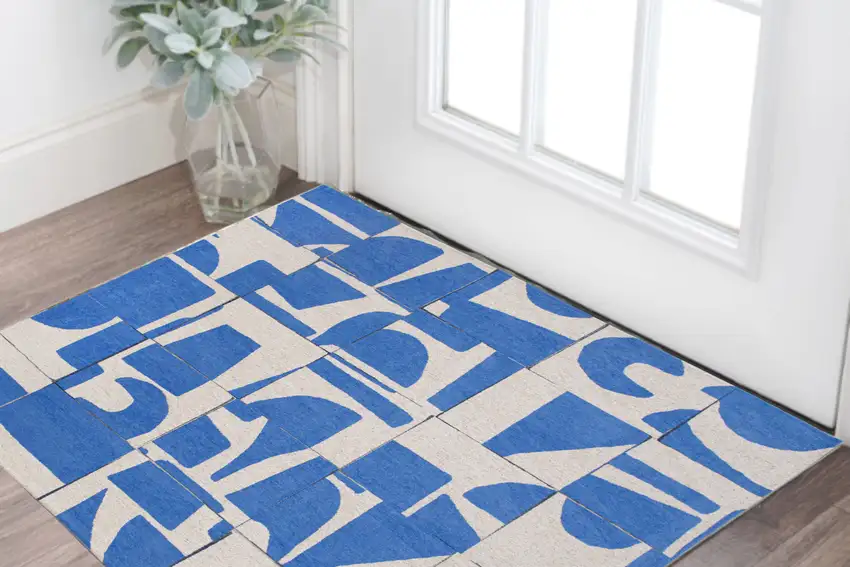 Blue And White Geometric Washable Area Rug Photo 1