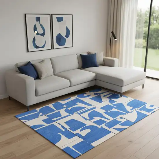 Blue And White Geometric Washable Area Rug Photo 1