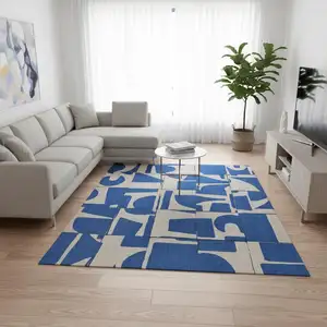 Photo of Blue And White Geometric Washable Area Rug