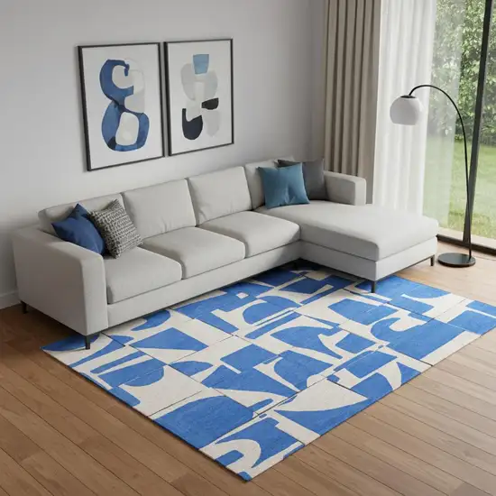 Blue And White Geometric Washable Area Rug Photo 1