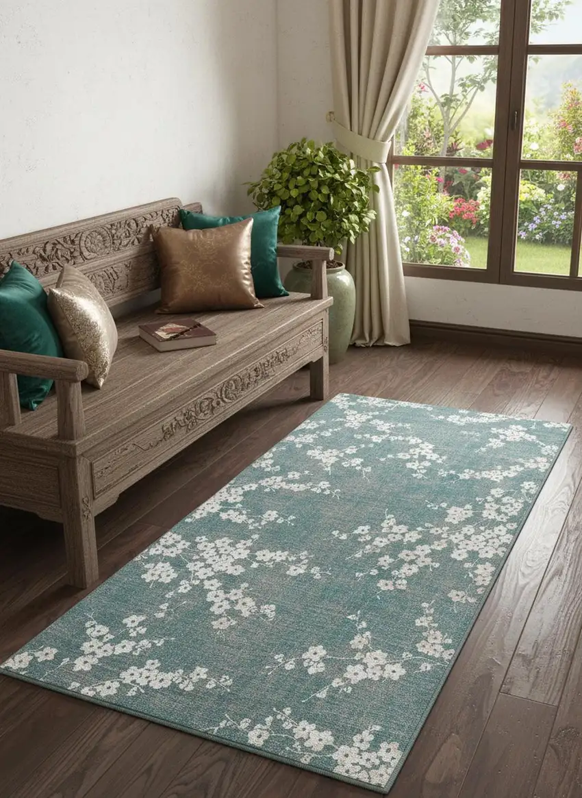 Blue And White Oriental Washable Area Rug With UV Protection Photo 1