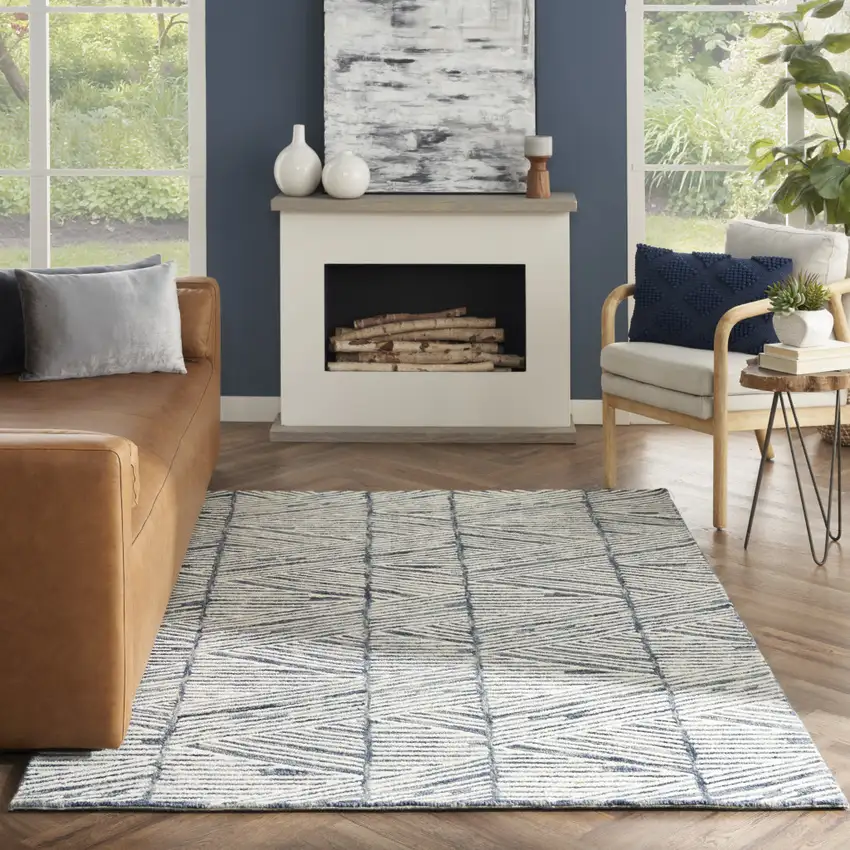 Blue And White Wool Abstract Area Rug Photo 4