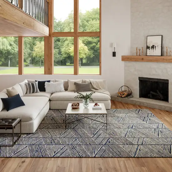 Blue And White Wool Geometric Area Rug Photo 4