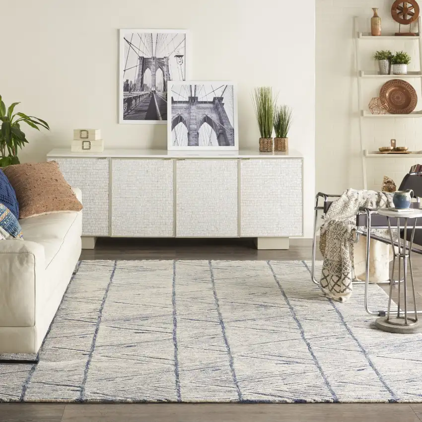 Blue And White Wool Geometric Area Rug Photo 5