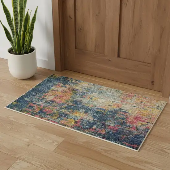 Blue And Yellow Abstract Power Loom Non Skid Area Rug Photo 1