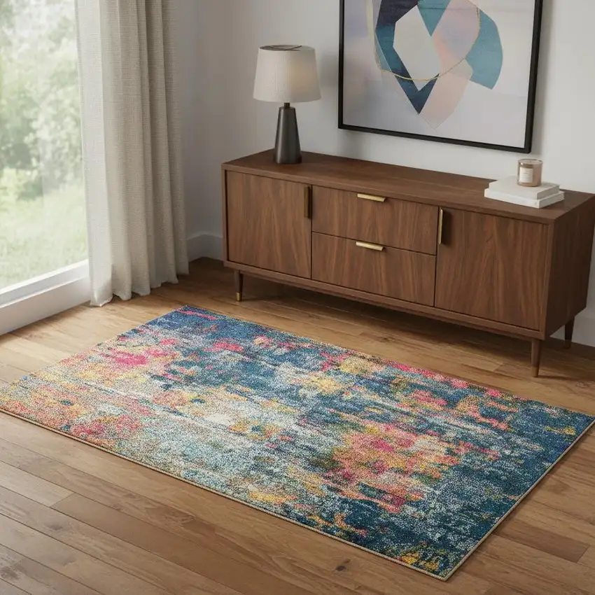 Blue And Yellow Abstract Power Loom Non Skid Area Rug Photo 1