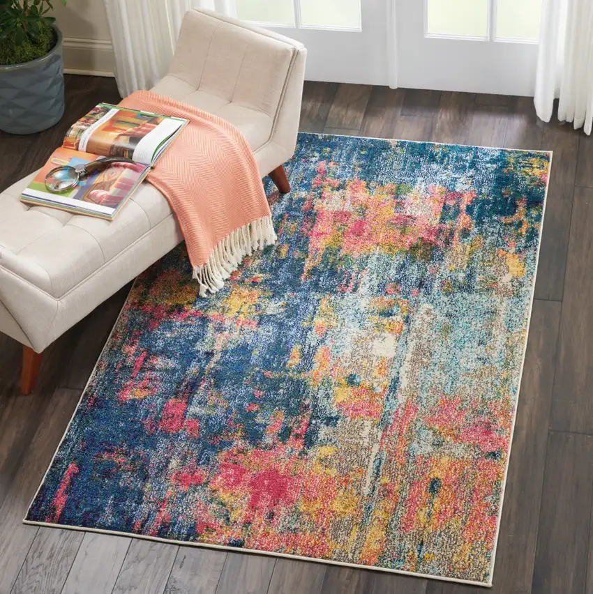 Blue And Yellow Abstract Power Loom Non Skid Area Rug Photo 5
