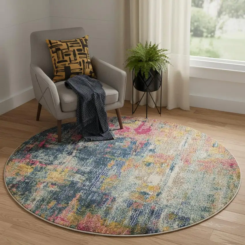 4' Blue And Yellow Abstract Round Rug Photo 1