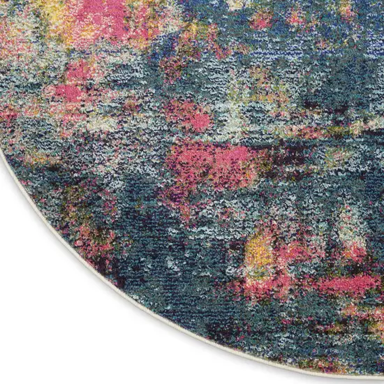 4' Blue And Yellow Abstract Round Rug Photo 9