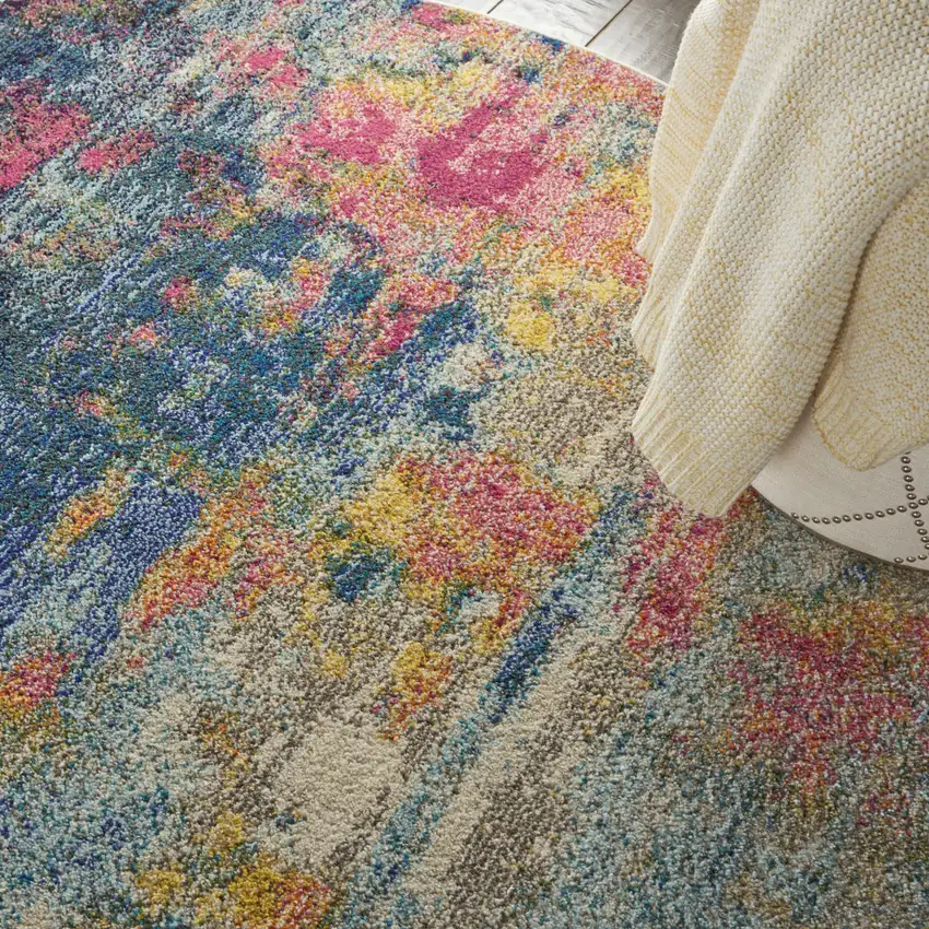 4' Blue And Yellow Abstract Round Rug Photo 8