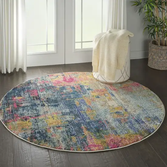 4' Blue And Yellow Abstract Round Rug Photo 6