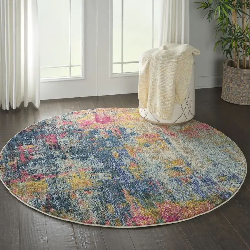4' Blue And Yellow Abstract Round Rug Photo 6