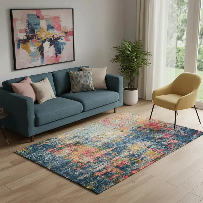 Blue And Yellow Abstract Power Loom Non Skid Area Rug Photo 1