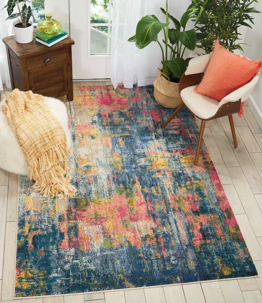 Blue And Yellow Abstract Power Loom Non Skid Area Rug Photo 6
