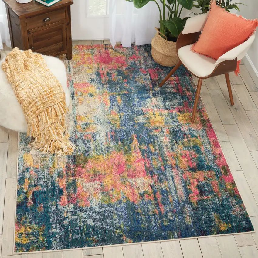 Blue And Yellow Abstract Power Loom Non Skid Area Rug Photo 5