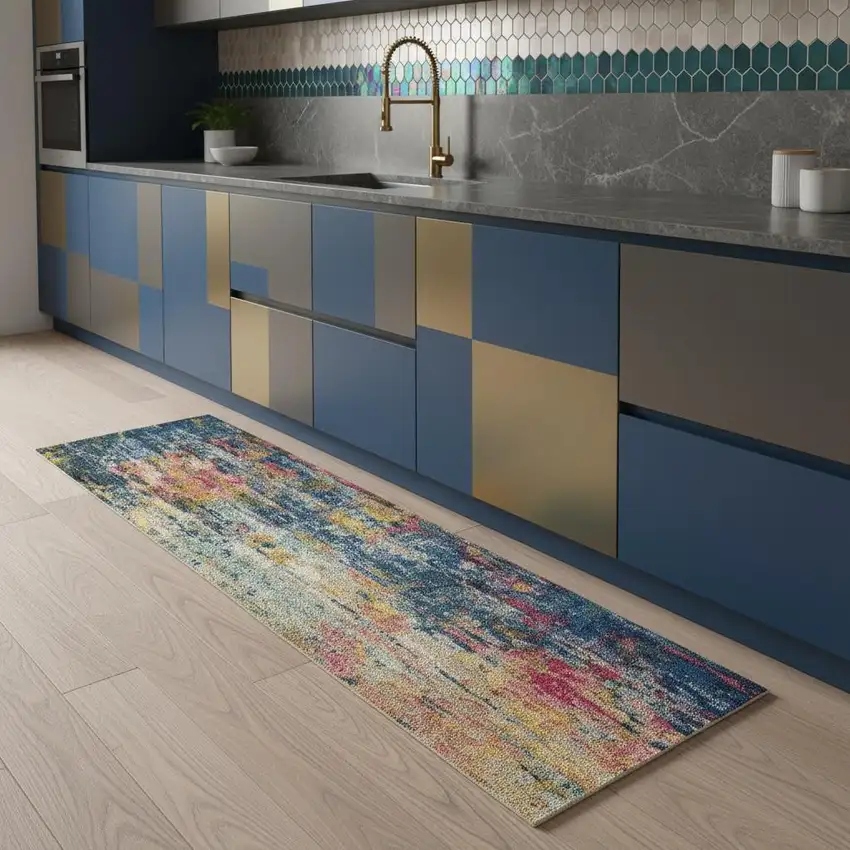 2' X 8' Blue And Yellow Abstract Power Loom Non Skid Runner Rug Photo 1