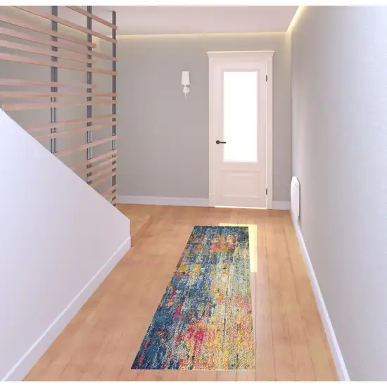 Blue And Yellow Abstract Power Loom Non Skid Runner Rug Photo 2
