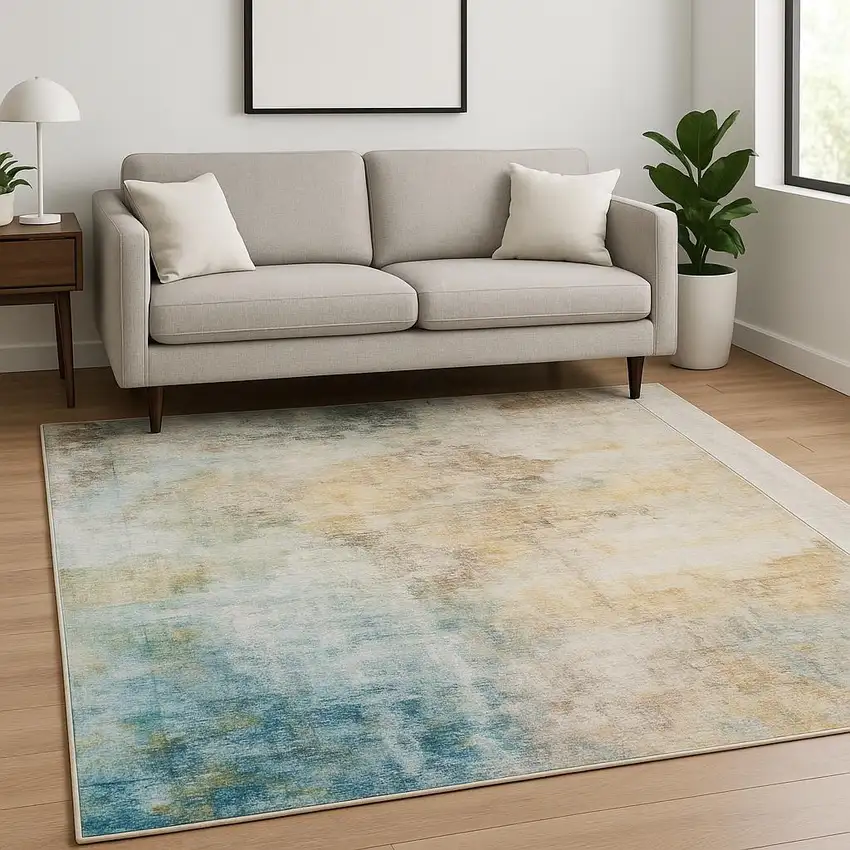 Blue And Yellow Abstract Power Loom Stain Resistant Area Rug Photo 1
