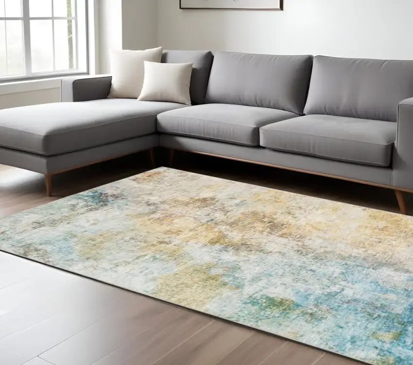 Yellow And Blue Abstract Area Rug Photo 1