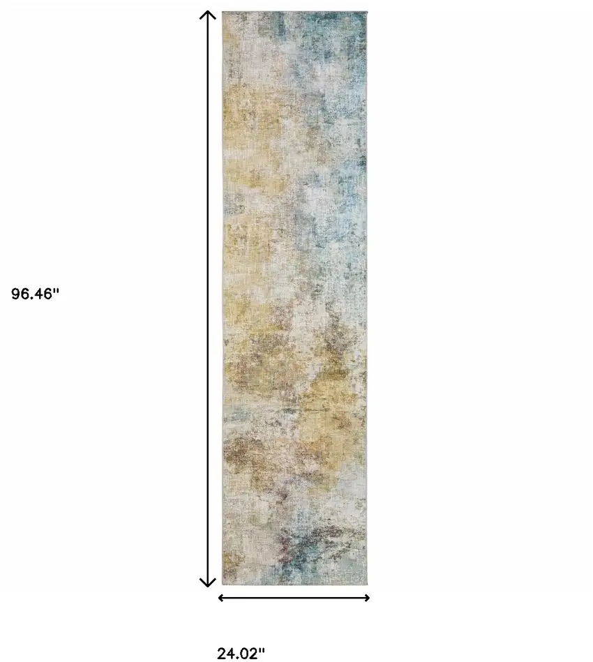 2' X 8' Blue And Yellow Abstract Power Loom Stain Resistant Runner Rug Photo 3