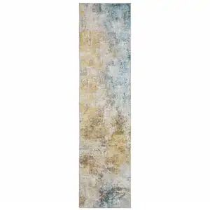 Photo of Blue And Yellow Abstract Power Loom Stain Resistant Runner Rug