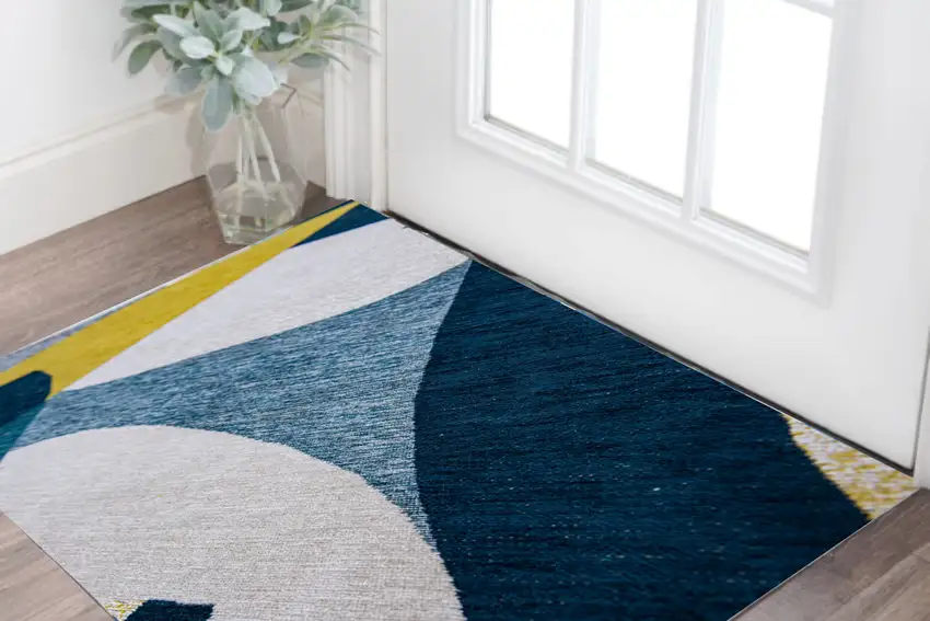 Blue And Yellow Abstract Washable Area Rug Photo 1