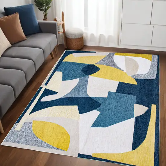 Blue And Yellow Abstract Washable Area Rug Photo 1