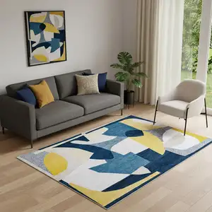Photo of Blue And Yellow Abstract Washable Area Rug