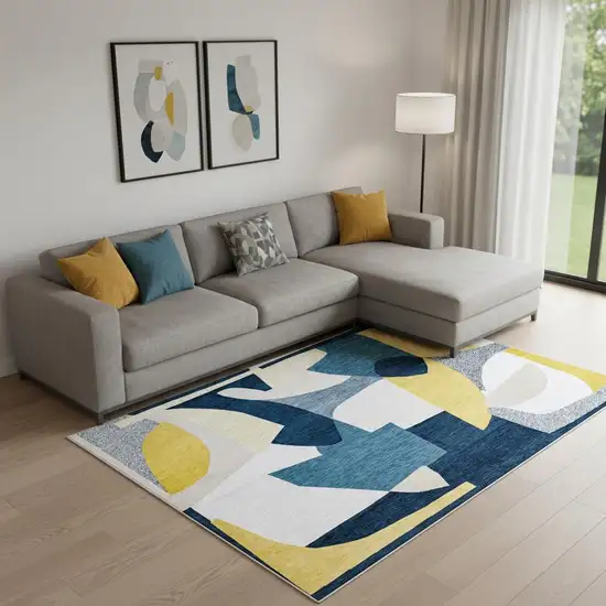 Blue And Yellow Abstract Washable Area Rug Photo 1