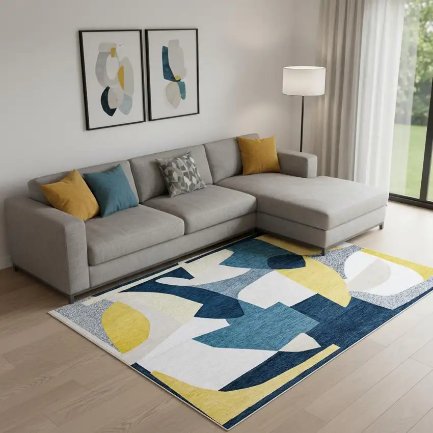 Blue And Yellow Abstract Washable Area Rug Photo 1