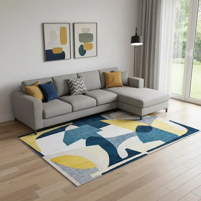 Blue And Yellow Abstract Washable Area Rug Photo 1
