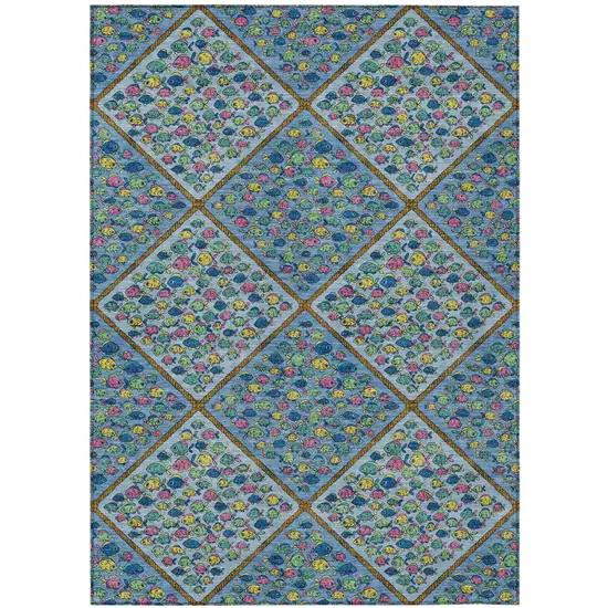 Blue And Yellow Abstract Washable Indoor Outdoor Area Rug Photo 1