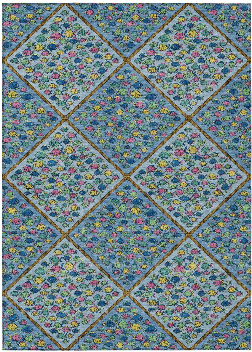 Blue And Yellow Abstract Washable Indoor Outdoor Area Rug Photo 1