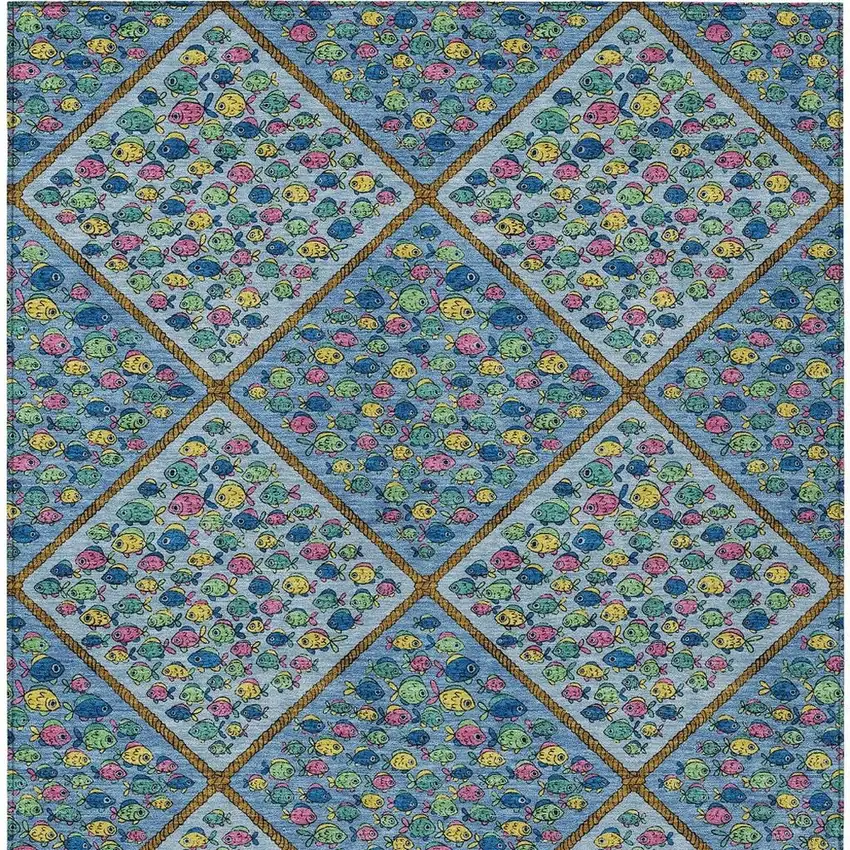 Blue And Yellow Abstract Washable Indoor Outdoor Area Rug Photo 3