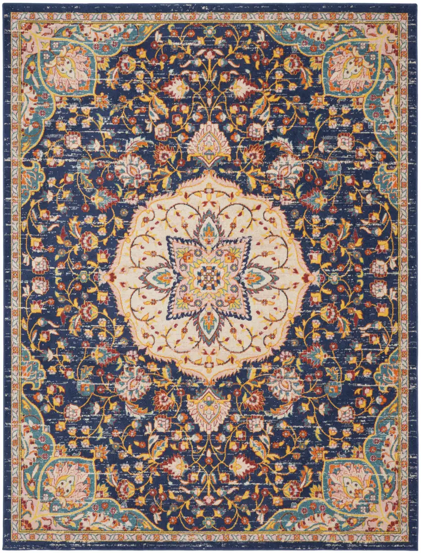 Blue And Yellow Floral Medallion Area Rug Photo 5