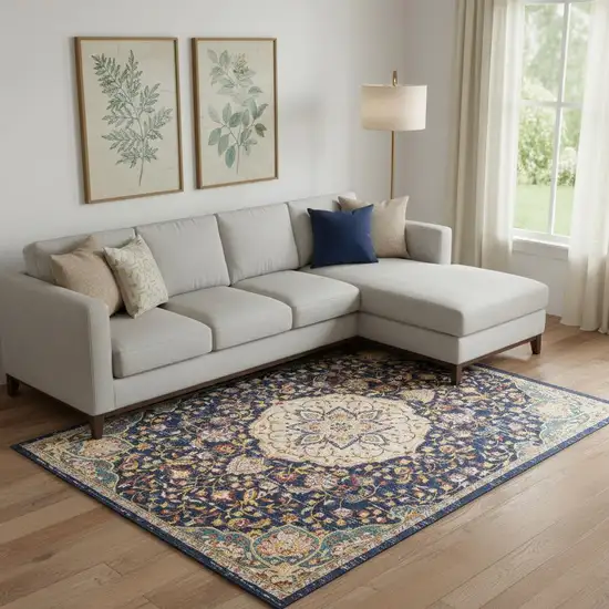 Blue And Yellow Floral Medallion Area Rug Photo 1