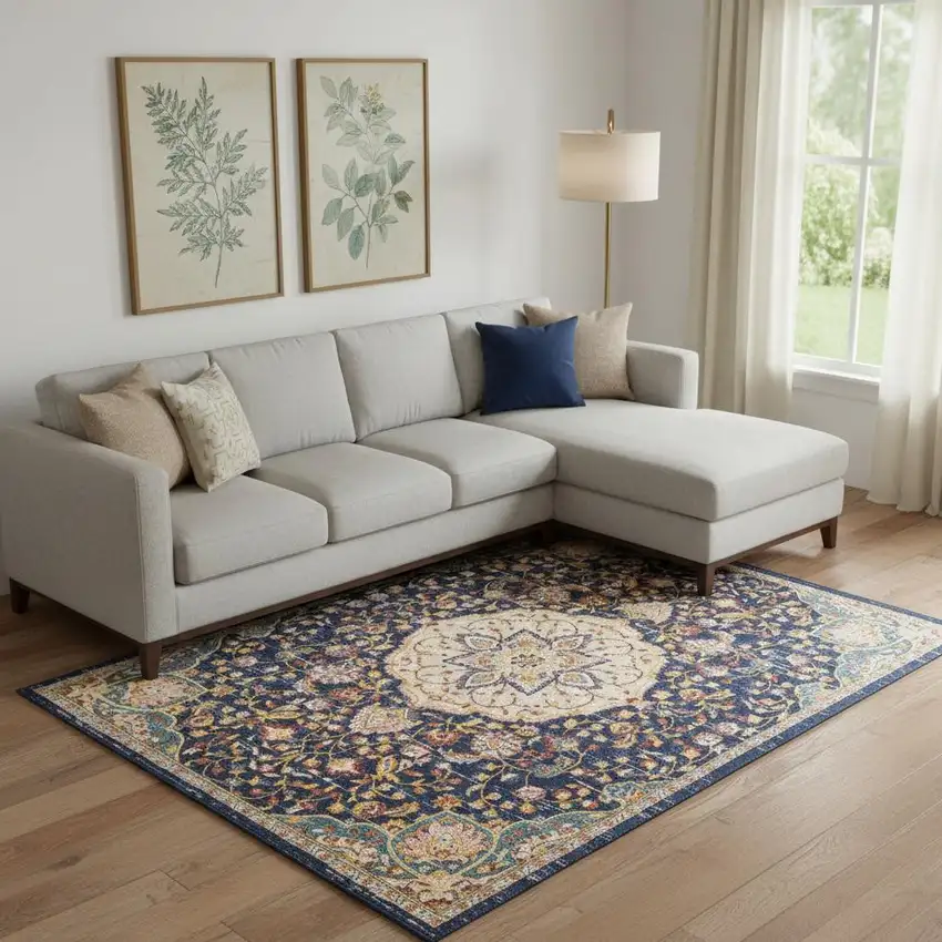 Blue And Yellow Floral Medallion Area Rug Photo 1