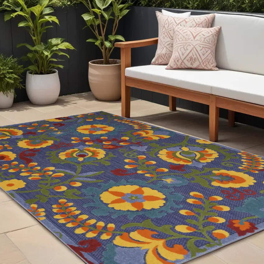 Blue And Yellow Floral Power Loom Area Rug Photo 1