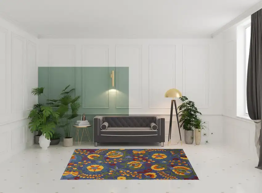 Blue And Yellow Floral Power Loom Area Rug Photo 3