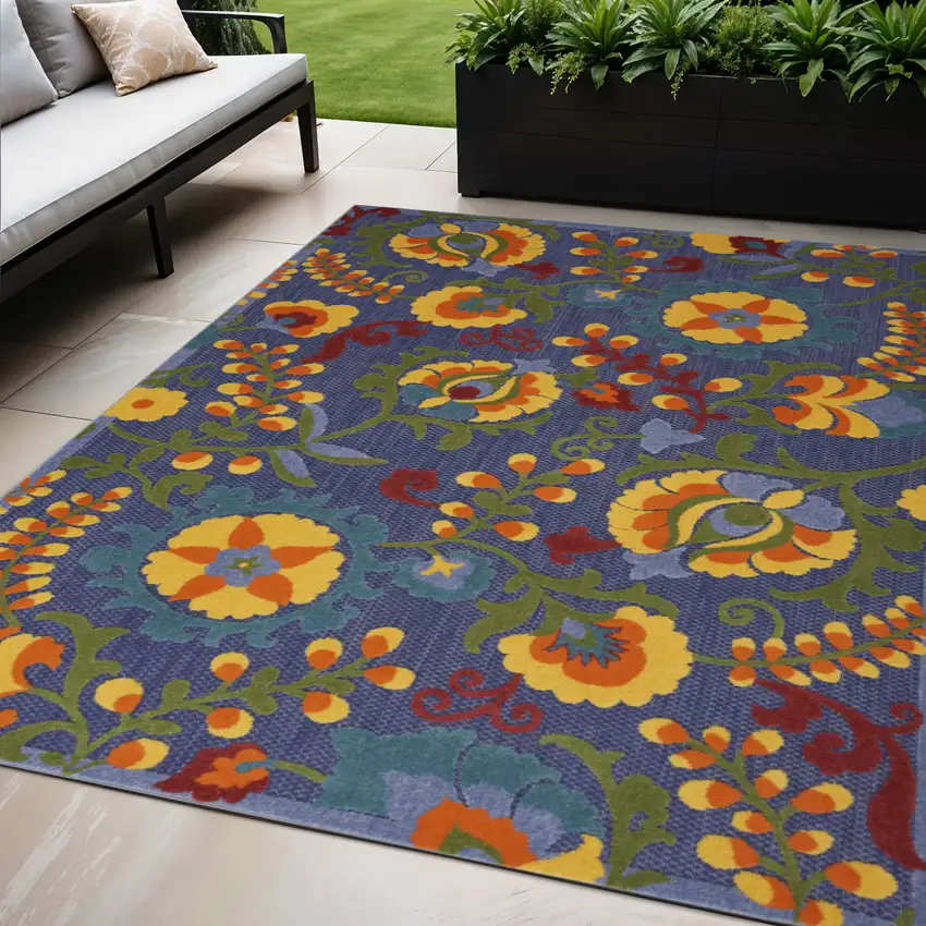 Blue And Yellow Floral Power Loom Area Rug Photo 1