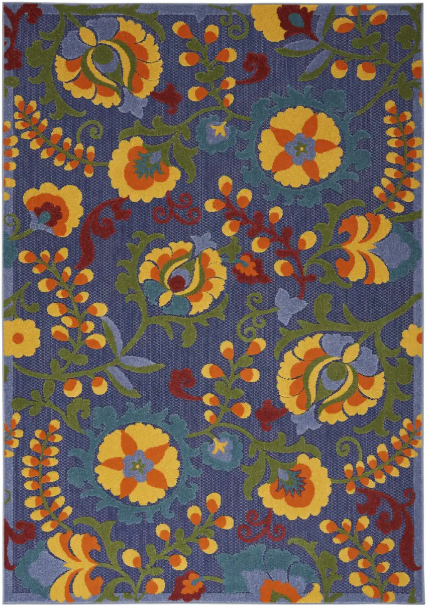 Blue And Yellow Floral Power Loom Area Rug Photo 2
