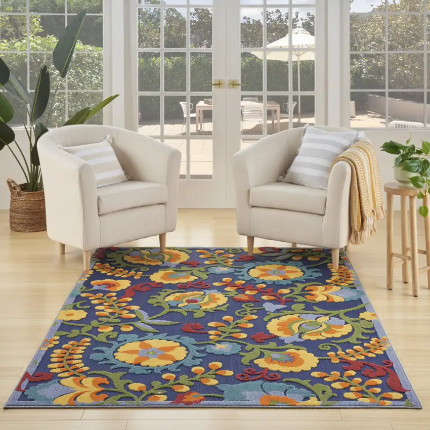 Blue And Yellow Floral Power Loom Area Rug Photo 6