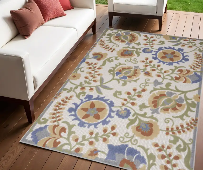 Blue And Yellow Floral Power Loom Area Rug Photo 1