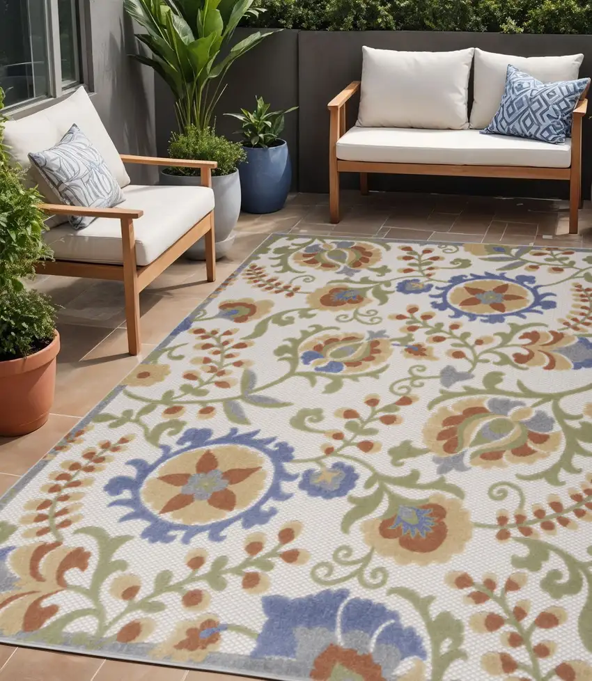 Blue And Yellow Floral Power Loom Area Rug Photo 1