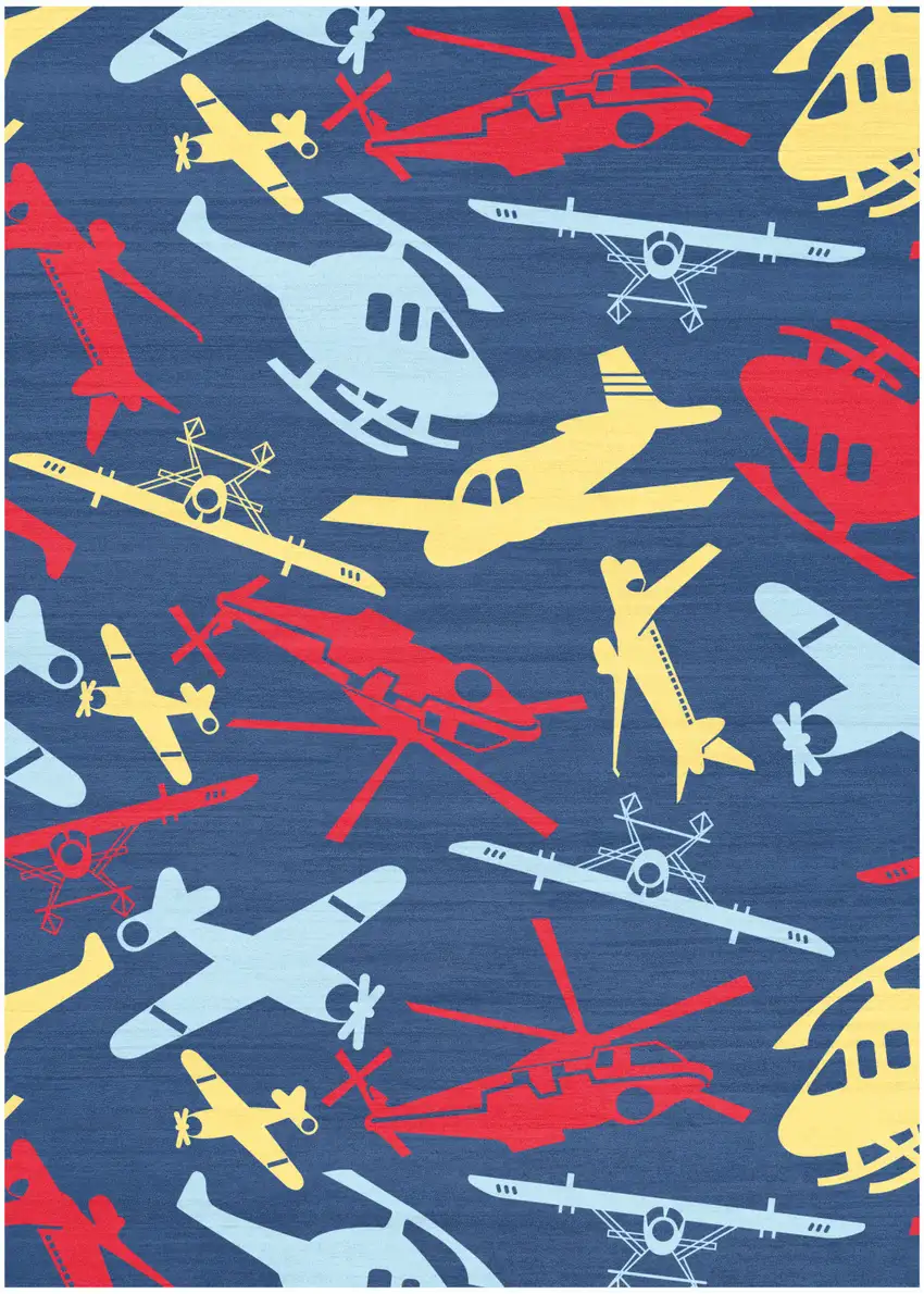 Blue And Yellow Helicopter Youthful Washable Area Rug Photo 3