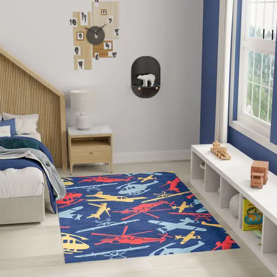 Blue And Yellow Helicopter Youthful Washable Area Rug Photo 4
