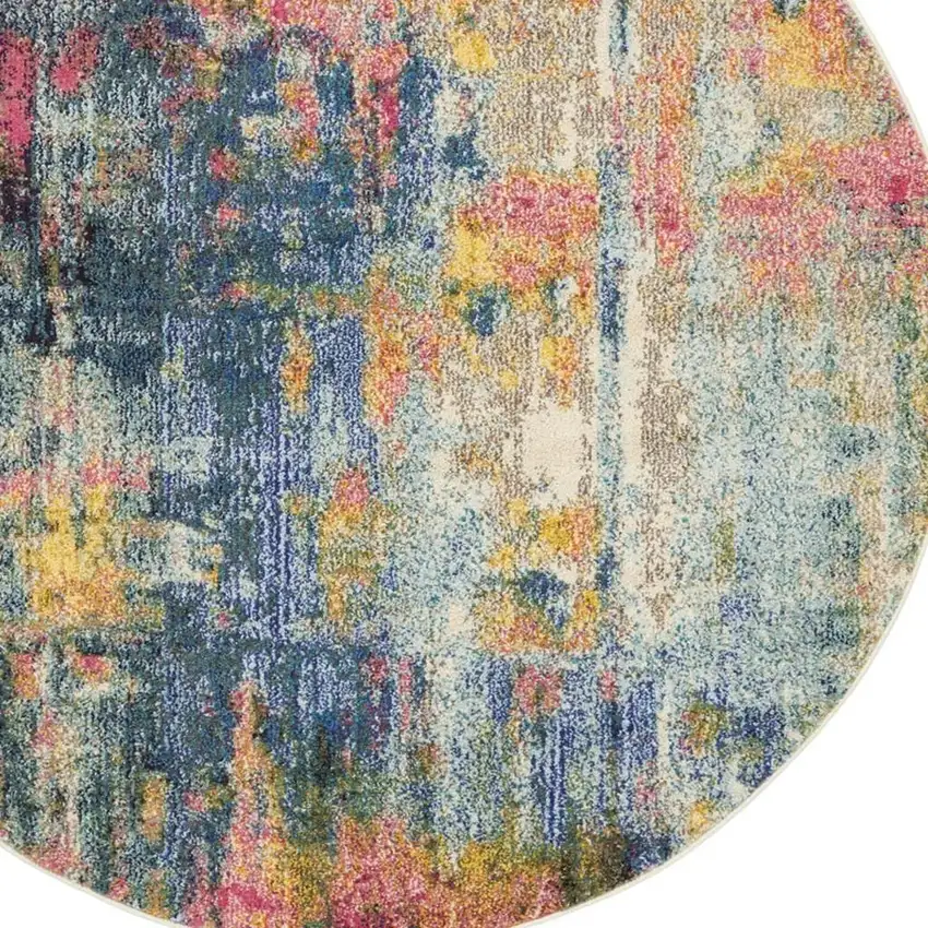 5' X 5' Blue And Yellow Round Abstract Power Loom Non Skid Area Rug Photo 2